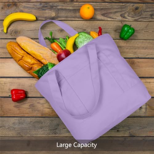 TOPDesign 6-Pack Canvas Tote Bags with an External Pocket, Reusable Grocery Shopping Bags, Top Zipper Closure, Daily Essentials (Lavender) - Image 3