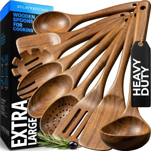 Zulay Kitchen 9-Piece Teak Wood Cooking Utensil Set – Non-Toxic & Non-Stick Safe Wooden Spoons & Kitchen Tools with Comfortable Grip, Smooth Finish Natural Teak – Perfect Kitchen Gift Set by ZulayKitchen