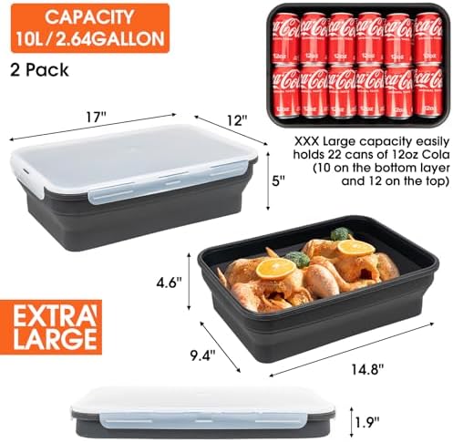 Silicone Collapsible Marinating Container with Lid for Meat, 2.64Gal/10L, 2 Pack Extra Large Collapsible BBQ Prep Tub, Transparent Locking Lid, XL Grill Prep Trays & Carry System, BBQ Must-Have, Black - Image 2