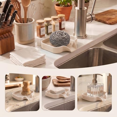 MicoYang Silicone Soap Dish with Drain Spout, Self-Draining Sink Organizer Tray for Bathroom and Kitchen, Sponges, Dispensers and Soap Holder, Non-Slip & Dishwasher Safe, Tapioca (Compact, 4.9"×3.2") - Image 3