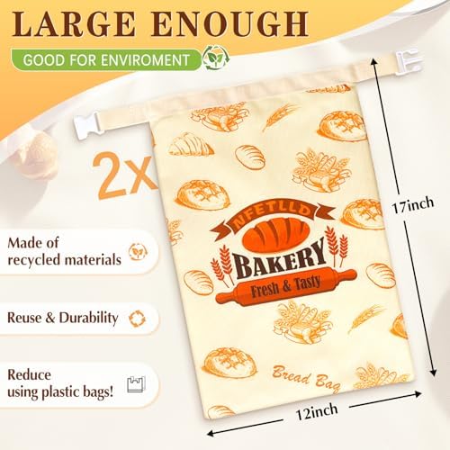 2 Packs Reusable Bread Bags for Homemade Bread, NFETLLD Homemade Sourdough Bags Storage Container Keep Loaf Fresh with Zipper & Clip Freezer Safe Extra Large 17x12 Inch - Image 2