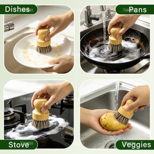 AUEAR, Natural Bamboo Dish Scrub Brush Cleaning Pot Scrubber Brushes Coconut Bristles for Cast Iron Skillet Pots Pans (2-Pack, Deep Color) - Image 6