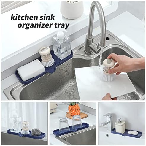 MicoYang Silicone Soap Dish with Drain Spout — Self-Draining Double Sink Organizer Tray for Kitchen & Bathroom, Dispensers, Sponges & Soap Holder, Non-Slip & Dishwasher Safe, Navy Blue (Large, 12"×4") - Image 5