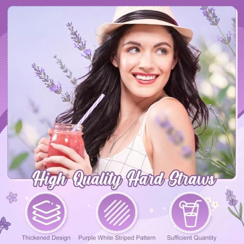 Honeydak 50 Pcs Reusable Plastic Straws Bulk,Purple and White Stripe - Image 3