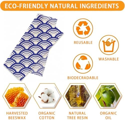 Reusable Beeswax Wraps, Indigo Blue Floral Wave and Leaf Wraps, 9 Pack Sandwich Bowl Bread Food Storage, Organic Sustainable Zero Waste Plastic-Free, 1XL, 3M, 5S - Image 3