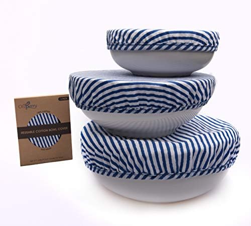 Organic Reusable Bowl Covers – Elastic Bowl Cover Set of 3 Lids Sizes - Blue Stripes 100% Cotton - Great Gift Fabric Food Covers - Kitchen Essential Gift for Women - Stretched Food Covers by OhBerry