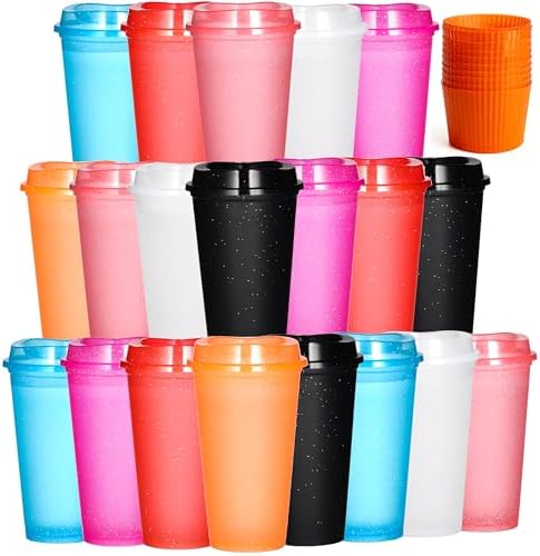 16 oz Plastic Tumblers with Lids, Glitter Coffee, 20 Pack by Alohastarttg