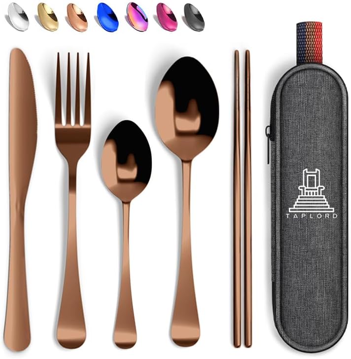 Taplord Portable Travel Silverware Set With Case, Includes 5 Pcs of Travel Utensils With Case, Stainless Steel Flatware Set For Camping, Easy to Travel, Lightweight (Rose Gold) by Taplord