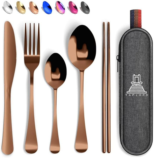 Taplord Portable Travel Silverware Set With Case, Includes 5 Pcs of Travel Utensils With Case, Stainless Steel Flatware Set For Camping, Easy to Travel, Lightweight (Rose Gold) by Taplord