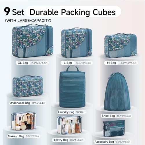OlarHike Packing Cubes for Travel,Gifts for Women Mom,Anti-Tearing Suitcase Organizer for Luggage with Shoe & Hanging Toiletry Bag,Vacation Essential for Cruise Ship,9 Set,Dark Blue Floral - Image 2