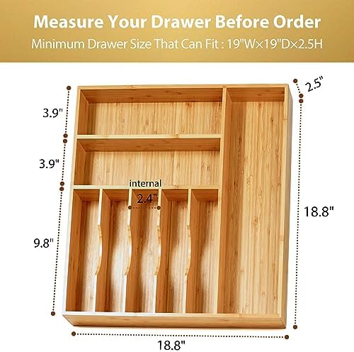 Umilife Large Kitchen Drawer Organizer, 19"x19" Silverware Utensils Organizer, 2.5" High for Large Deep Drawers, Bamboo Flatware Holder with Thick Frames, Sturdy Kitchen Organization Tray - Image 5