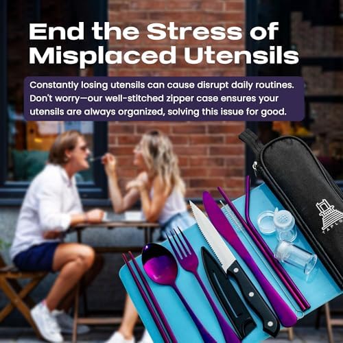 Taplord Portable Travel Silverware Set With Case, Includes 10 Pcs of Travel Utensils With Case, Stainless Steel Flatware Set For Camping, Lightweight (Purple) - Image 5