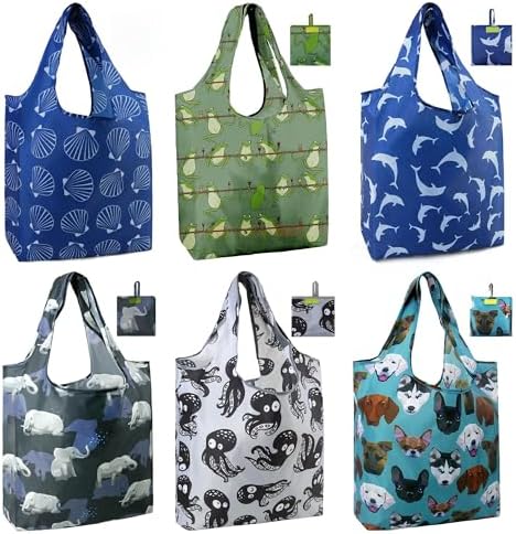 BeeGreen Animal Reusable Shopping Bags Cute Grocery Bag 6 Pack, Christmas Gift Bags Heavy-Duty Foldable Shopping Totes for Supermarket, Work & Travel, Large Washable Polyester Tote Bag with Handles by BeeGreen