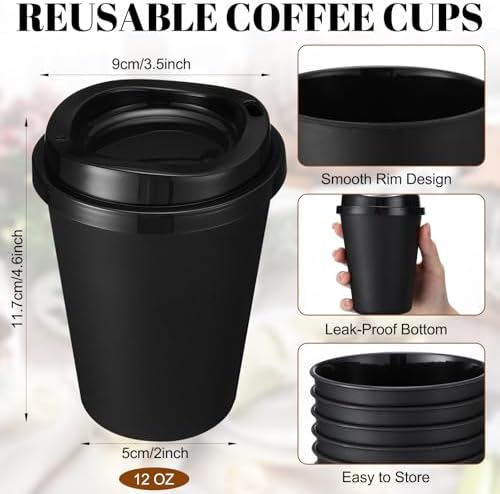 Honeydak 45 Pack 12 oz Reusable Coffee Cups with Lids Portable Tea Cups Reusable Hot Coffee Mugs Tumblers Bulk Plastic Tumblers Travel Drinks Mugs for Hot and Cold Drinks(Black) - Image 4