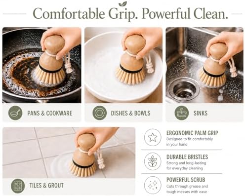 Kitchen Simple Bamboo Palm Brush Set, 2 Pack Dish Scrub Brushes for Pots, Pans, Dishes & Sink Cleaning, Durable Bristles, Bamboo Handle, Black Accent & Cotton Hanging Loop - Image 3