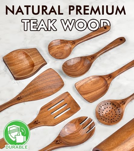 9Pcs Wooden Spoons for Cooking, Wooden Utensil Set with Holder & Spoon Rest - Image 2