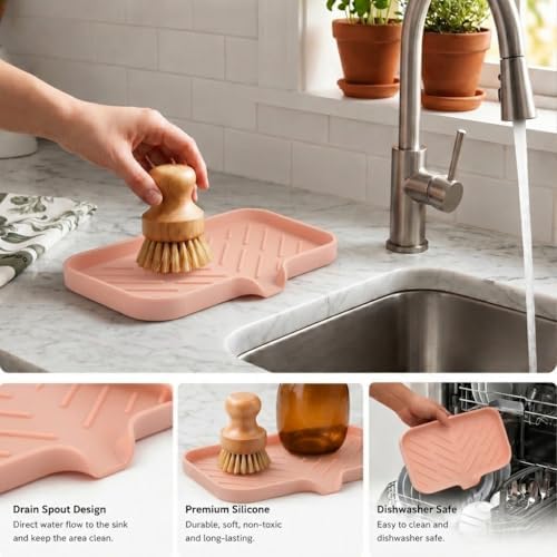 MicoYang Silicone Soap Dish with Drain Spout — Self-Draining Sink Organizer Tray for Bathroom & Kitchen, Sponges, Dispensers & Soap Holder, Non-Slip & Dishwasher Safe, Pink (Medium, 9.6"×5.3") - Image 4