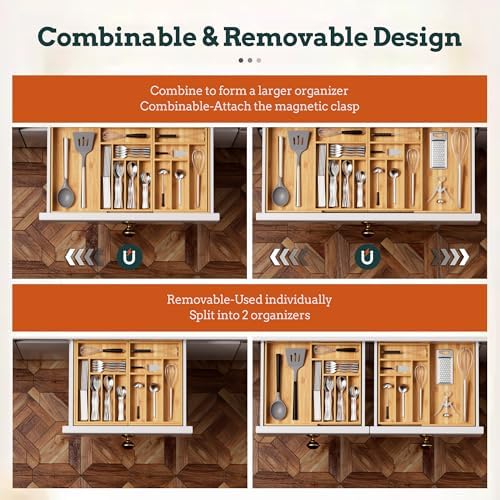 Silverware Organizer Large, Magnetic Connected Expandable 13 Slots Silverware Drawer Organizer From 21 to 37.4 Inches, Adjustable Flatware and Cutlery Holder, Bamboo Utensil Tray for Kitchen Natural - Image 5