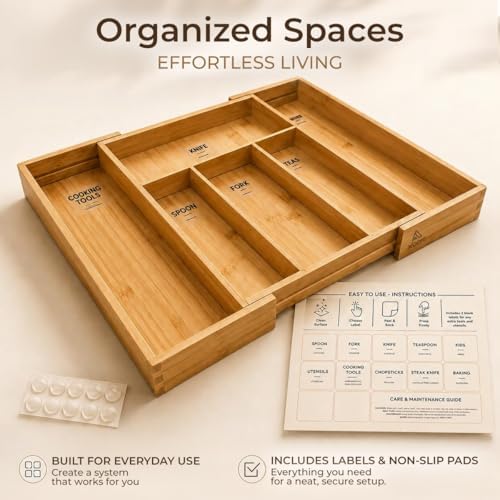 Expandable Bamboo Drawer Organizer for Kitchen Utensils, Adjustable Silverware Organizer, Natural Bamboo Cutlery Tray with Kitchen Labels & Non-Slip Pads - Image 3