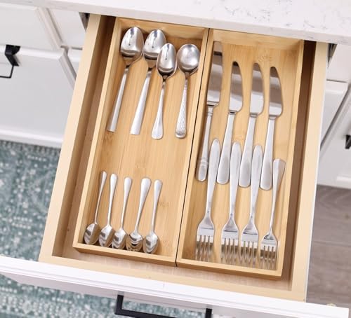 Fabsome Kitchen Utensil Drawer Organizer, Bamboo Silverware Cutlery Flatware Organizer Bins, Wooden Container Storage Trays for Bathroom Vanity Junk Drawer, 15" x 6" Set of 2 - Image 5