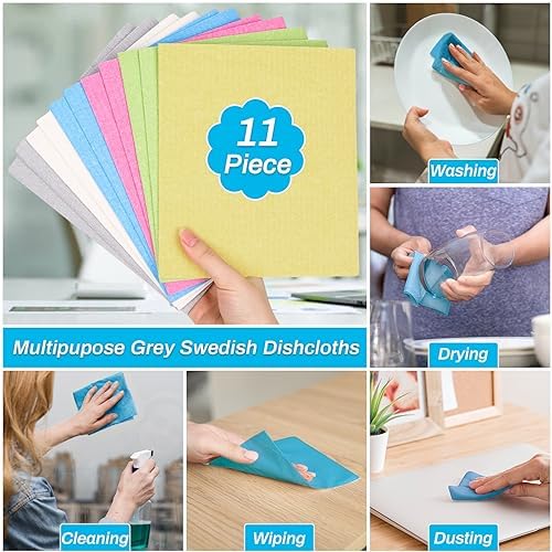 Lucomb 11 Pack Swedish Dish Cloths for Kitchen, Highly Absorbent Reusable Dishcloth Towels Cellulose Sponge Kitchen Rags for Drying Dishes Wiping Surfaces, Dishwasher Safe - Image 2