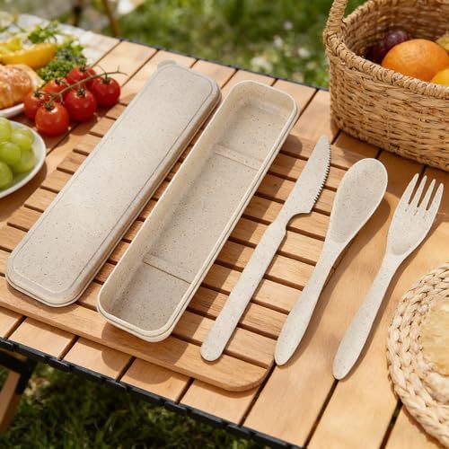 2Pack Wheat Straw Utensil Set, BPA Free Reusable Fork Spoon Knife with Case - Image 6