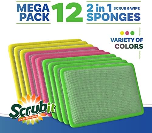 SCRUBIT - [12 Pack] Scrub and Wipe Cleaning Pads – Dual Sided Scouring Pad and Dish Sponge -Reusable Kitchen Sponge for Pots, Pans Utensils & Non-Stick Cookware - Assorted Color Dishwashing sponges - Image 5