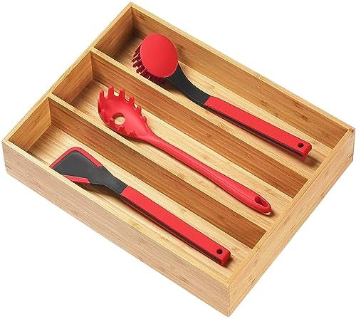 Umilife Bamboo Kitchen Utensils Organizer, 13 Inch Drawer Dividers for Silverware, Extra Deep Holder, with Non-Slip Feet, Wood Caddy for Flatware Cutlery by Umilife