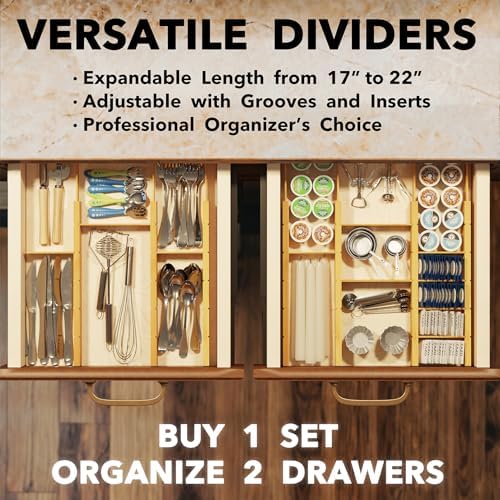 SpaceAid Bamboo Drawer Dividers with Inserts and Labels, Kitchen Adjustable Drawer Organizers, Expandable Organization for Home, Office, Dressers, 7 Dividers with 15 Inserts (17"-22" Natural) - Image 5