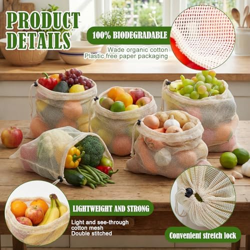 10 Pcs 17 x 14 in Reusable Produce Bags Grocery Washable, Cotton Mesh Produce Bags Plastic Free, Drawstring Closure, Double-stitched Organic Cotton Mesh Grocery Bag for Vegetables Fruit Onions - Image 3
