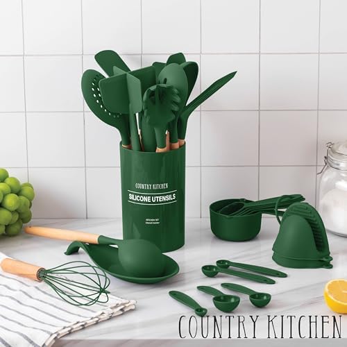 Country Kitchen Non Stick Silicone Utensil Set with Rounded Wood Handles for Cooking and Baking, 38 Piece Set, Green - Image 7