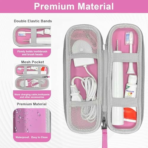 Toothbrush Travel Case for Oral B/Oral-B Pro 1000 1500 5000 7000 7500 6000 9600/ Phlips Sonicare 4100 5100 1100 6100 5300 Electric Toothbrush, Portable Hard Protective Storage Bag (Pink) - Image 3