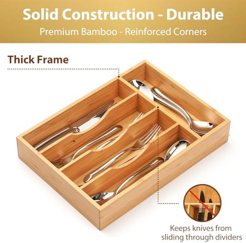 Umilife Kitchen Drawer Organizer, 10 Inch Silverware Utensil Tray Holder, Extra Deep, with Non-Slip Feet & Grooved Drawer Divider, 5 Slots Total Bamboo Wood Caddy for Flatware Cutlery Knives - Image 4