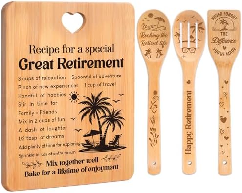 Retirement Gifts for Woman/Men 2026, Happy Retirement Bamboo Cutting Board Set for Colleagues, Coworker, Friend, Teacher, Boss, Parents, Family - Recipe for a Special Great Retirement. by Apjielop-GiftsMaster