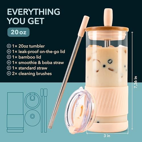 Pandaloo® Glass Cups With Lids and Straws -20 Fl Oz- Perfect Size Iced Coffee Cup - Smoothie Cup With Bamboo Lid and On the go Lid - Glass Tumbler With Straw (1 Count (Pack of 1), Vanilla Cream) - Image 2