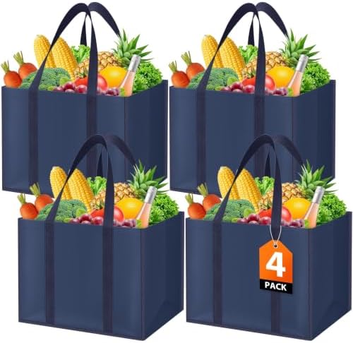 WISELIFE Reusable Grocery Bags, Foldable, Lasting Use, 35L, 4 Pack, Blue by WiseLife
