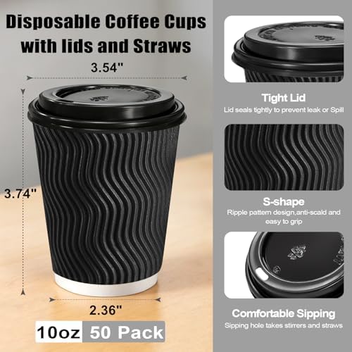 Lamosi 50 Pack 10 oz Coffee Cups with Lids, Disposable To Go Paper Cups - Image 2