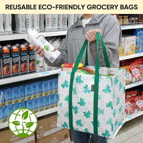 BALEINE 4 PK Grocery Bags Reusable Shopping Bags with Reinforced Bottom, Heavy Duty Foldable Tote Bags (Clover) - Image 6