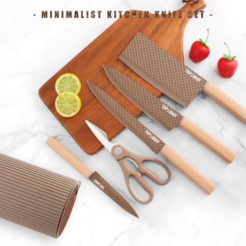 Knife Set, Wiztoynia 6-Piece Coffee Kitchen Knife Set for Home, Anti-Rust Non-stick Stainless Steel Sharp Chef Knife Set with Universal Knife Block for Kitchen, Ergonomical Design (Coffee) - Image 2