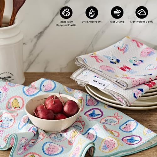 RECYCO Waffle Kitchen Towel Set of 2 - Quick Dry Microfiber Sustainable Dish Towels - Ultra Absorbent Reusable Cleaning Tea Towels - Lightweight Hand Towels,16”x 28”, Puppy Joy - Image 3