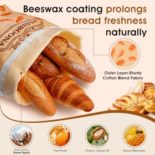 2 Pack Premium Beeswax Bread Bags for Sourdough Homemade Bread, XL Cotton Lining Sourdough Reusable Natural Organic Beeswax Bread Storage Bag, Keep Fresh and Upgraded Portable-17 x 12.6 Inches - Image 2