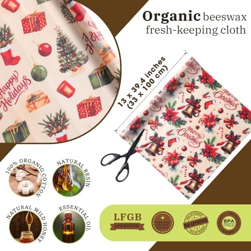 Moukeren 3 Rolls Christmas Beeswax Wraps 13 x 40 Inches Bees Wax Wrap - Image 2