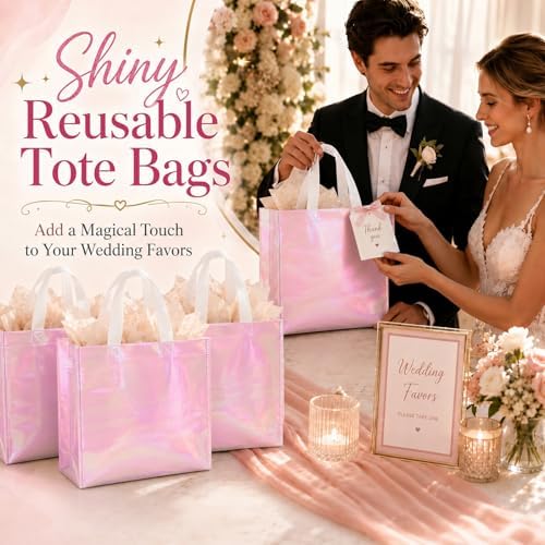 Eccliy 60 Pcs Reusable Gift Bags, Large, Holographic Pink - Image 2