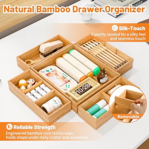 Bamboo Drawer Organizer, 10-Piece Stackable Trays with Removable Dividers - Image 3