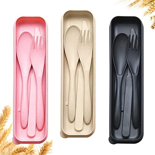 Reusable Travel Utensils Set with Case, 3 Sets Wheat Straw Portable Knife Fork Spoons Cutlery, Eco-Friendly BPA Free Plastic Tableware for Kids Adults Travel Picnic Camping Utensils by YDYTOP
