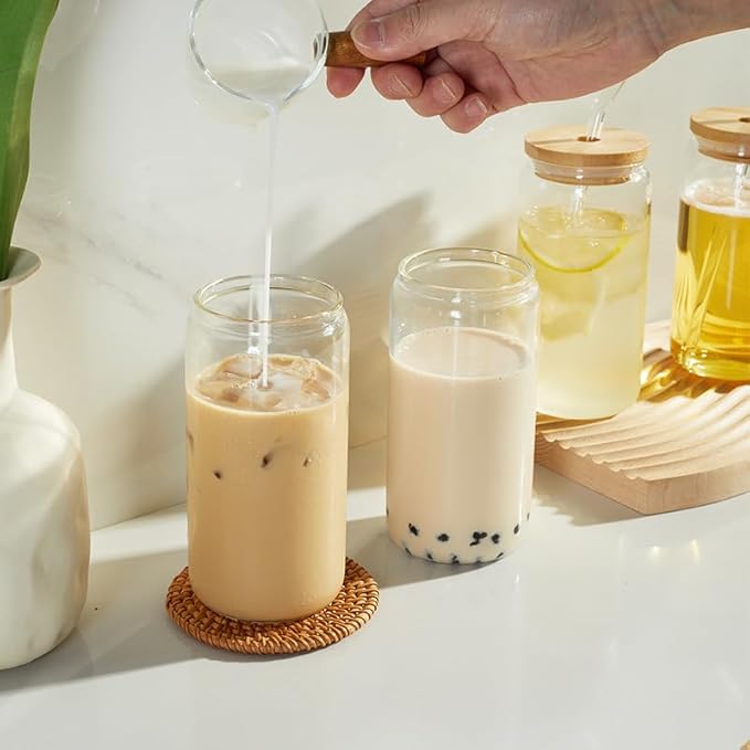 Castuvy Drinking Glasses with Bamboo Lids and Glass Straw, 16 Oz Glass Cups for Coffe, Beer, Cute Tumbler Cup for Soda Boba Tea Cocktail, coming 2 Cleaning Brushes, Pack of 6
