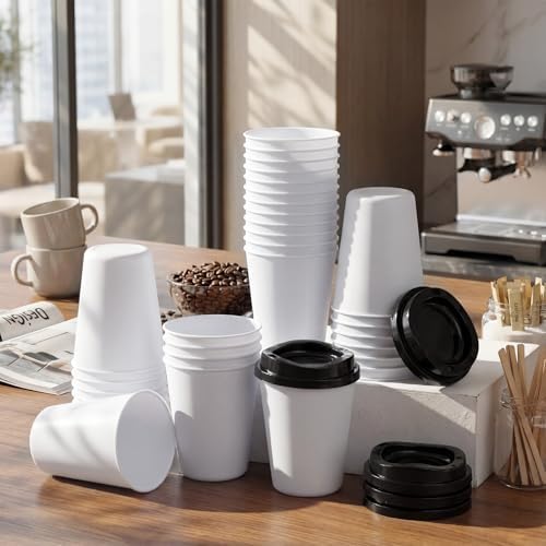 Honeydak 45 Pack 12 oz Reusable Coffee Cups with Lids Portable Tea Cups Reusable Hot Coffee Mugs Tumblers Bulk Plastic Tumblers Travel Drinks Mugs for Hot and Cold Drinks(White with Black,Classic) - Image 2