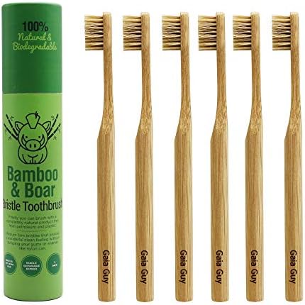 Gaia Guy Natural Bristle Bamboo Toothbrush (NO Nylon - Boar Hair ONLY) - Totally Compostable & Biodegradable Boar Bristle and Bamboo Toothbrushes - Zero Waste - 6-Pack by GaiaGuy