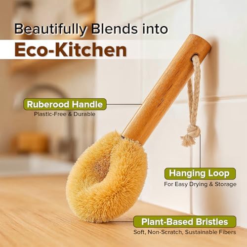 Coconut Fiber Dish Brush with Handle – Natural Dish Scrubber Brush for Kitchen Sink & Pots – Eco-Friendly Dish Cleaning Brush with Built-in Scraper, Sink Scrubber, and pan Cleaning Brush - Image 2