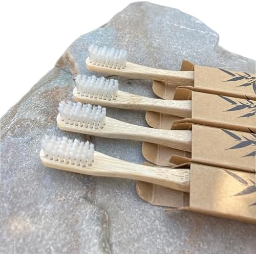 Adult Natural Bristle Toothbrush [4-Pack], Castor Bristles, 100% Biodegradable, Plant Based Bristles and Bamboo Handle by NaturalModernLiving